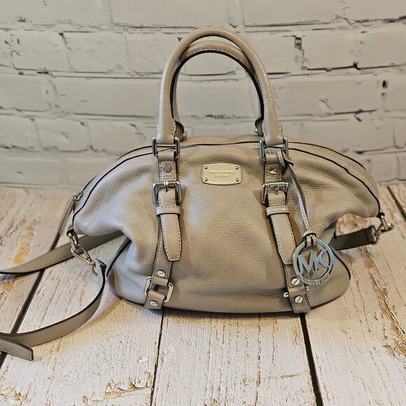 Michael Kors Bedford Belted Med Bowling Satchel Light Grey Pebbled Leather Bag - Picture 1 of 8